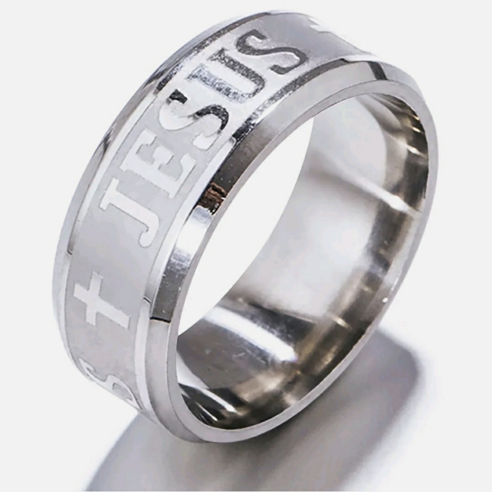 Silver Stainless Steel JESUS Insignia Inlayed Embossed Engraved 8mm Band Ring
